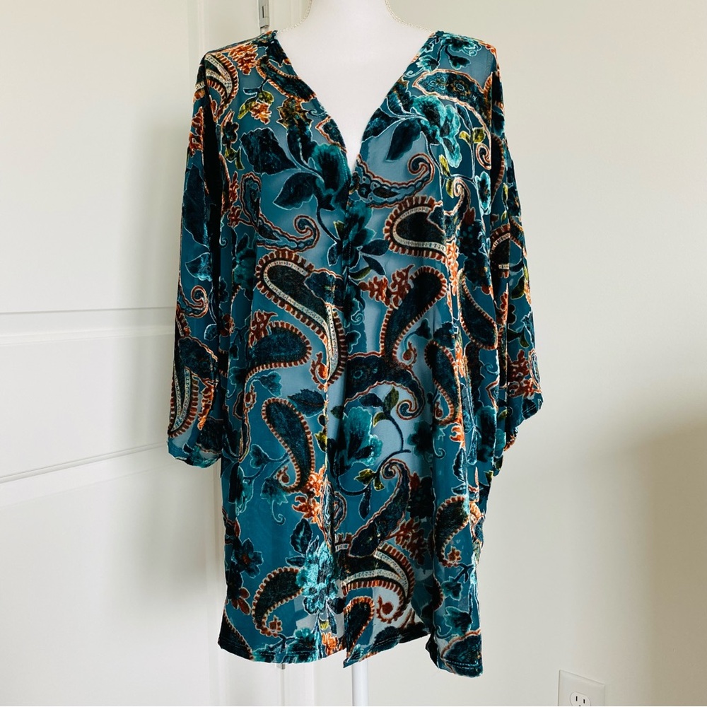 Vision Paisley Print Velvet Kimono Open Front Sleeve Lightweight Cardigan Sz XL